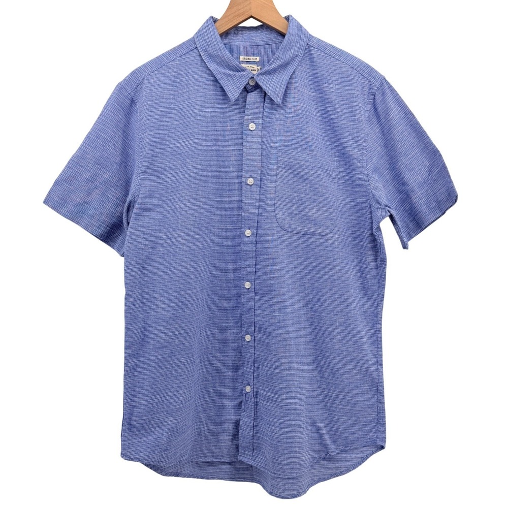 Bridge & Burn Shirt Mens L Blue Linen Blend Short Sleeve Original Slim Casual